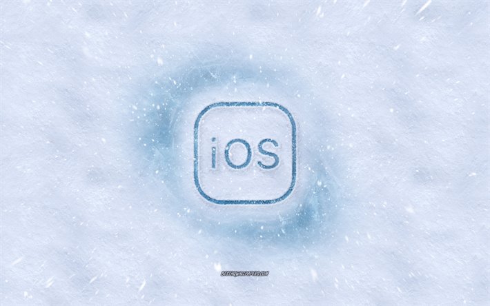 iOS logo, winter concepts, snow texture, snow background, iOS emblem, winter art, iOS, iPhone OS