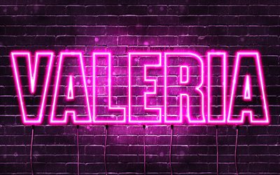 Valeria, 4k, wallpapers with names, female names, Valeria name, purple neon lights, horizontal text, picture with Valeria name