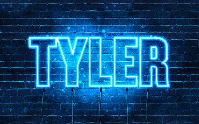 Tyler, 4k, les papiers peints avec les noms, le texte horizontal, Tyler nom, bleu n&#233;on, une photo avec le nom de Tyler