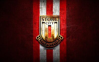 stoke city fc, golden logo, efl-meisterschaft, red metal hintergrund, fu&#223;ball, stoke city, den englischen fu&#223;ball-club stoke city logo, fussball, england