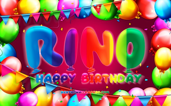 Grattis P&#229; F&#246;delsedagen Rino, 4k, f&#228;rgglad ballong ram, kvinnliga namn, Rino namn, lila bakgrund, Rino Grattis P&#229; F&#246;delsedagen, Rino F&#246;delsedag, kreativa, F&#246;delsedag koncept, Rino
