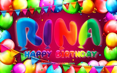 Joyeux Anniversaire Rina, 4k, color&#233; ballon cadre, les noms f&#233;minins, Rina nom, fond mauve, Rina Joyeux Anniversaire, Mao Anniversaire, cr&#233;atif, Anniversaire concept, Rina