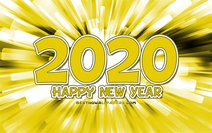 4k, Hyv&#228;&#228; Uutta Vuotta 2020, keltainen abstrakti-s&#228;teilt&#228;, 2020 keltainen numeroa, 2020 k&#228;sitteit&#228;, 2020-keltainen tausta, 2020 vuosi numeroa