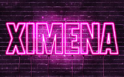 Ximena, 4k, wallpapers with names, female names, Ximena name, purple neon lights, horizontal text, picture with Ximena name