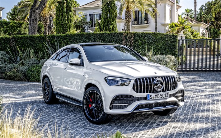 2020, Mercedes-Benz GLE53 AMG 4Matic Coupe, front view, exterior, white sports SUV, new white GLE53, German cars, Mercedes