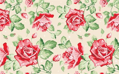 rosas vermelhas padr&#227;o, 4k, padr&#245;es florais, arte decorativa, flores, rosas padr&#245;es, fundo com rosas, floral texturas