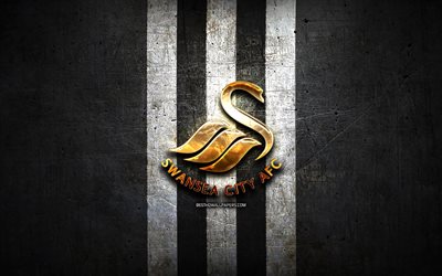 Swansea City FC, golden logotyp, EFL Championship, black metal bakgrund, fotboll, Swansea City, engelska football club, Swansea City-logotypen, England