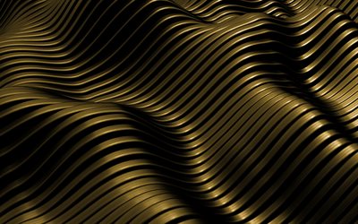 Golden metal wave background, 4k, 3d wave background, 3d metal texture, Golden metal backgrounds