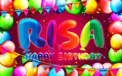 Joyeux Anniversaire Risa, 4k, color&#233; ballon cadre, les noms f&#233;minins, Risa nom, fond mauve, Risa Joyeux Anniversaire, Risa Anniversaire, cr&#233;atif, Anniversaire concept, Risa