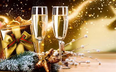 أكواب من الشمبانيا, 4k, علب الهدايا, سنة جديدة سعيدة, الأضواء الساطعة, زينة عيد الميلاد, الشمبانيا, عيد ميلاد سعيد