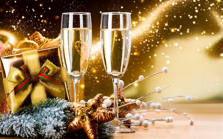 gl&#228;ser champagner, 4k -, geschenk-boxen, happy new year, helle lichter, weihnachten dekorationen, champagner, frohe weihnachten