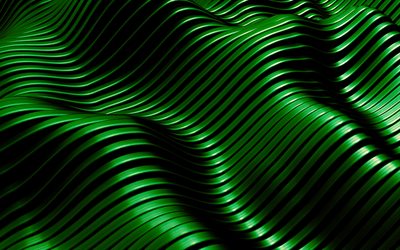 Green metal wave background, 4k, 3d wave background, 3d metal texture, Green metal backgrounds