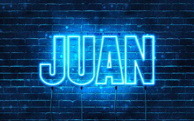 John, 4k, taustakuvia nimet, vaakasuuntainen teksti, Juan nimi, blue neon valot, kuva Juan nimi
