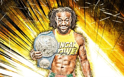 Kofi Kingston, WWE, grunge art, american wrestlers, wrestling, yellow abstract rays, Kofi Sarkodie-Mensah, wrestlers