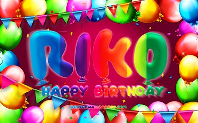 Feliz Anivers&#225;rio Riko, 4k, bal&#227;o colorido quadro, nomes femininos, Riko nome, fundo roxo, Riko Feliz Anivers&#225;rio, Riko Anivers&#225;rio, criativo, Anivers&#225;rio conceito, Riko