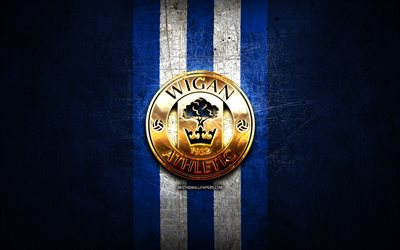 O Wigan Athletic FC, ouro logotipo, EFL Campeonato, metal azul de fundo, futebol, O Wigan Athletic, clube de futebol ingl&#234;s, O Wigan Athletic logotipo, Inglaterra