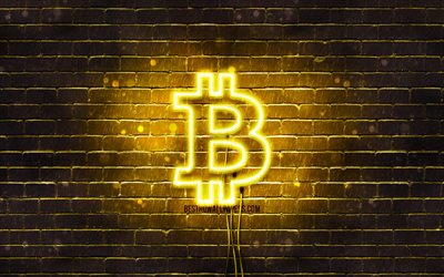 Bitcoin logo amarillo, 4k, amarillo brickwall, Bitcoin logotipo, cryptocurrency, Bitcoin ne&#243;n logotipo, Bitcoin