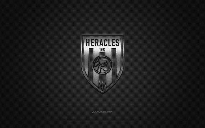 Heracles Almelo, holand&#233;s club de f&#250;tbol de la Eredivisie, el logo de plata, blanco, gris fibra de fondo, f&#250;tbol, Almelo, pa&#237;ses Bajos, Heracles FC logo
