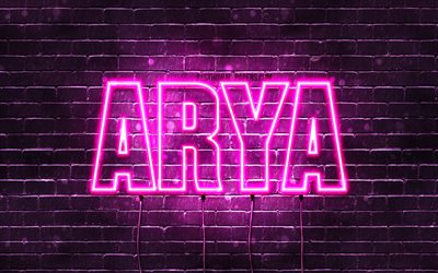 Arya, 4k, wallpapers with names, female names, Arya name, purple neon lights, horizontal text, picture with Arya name