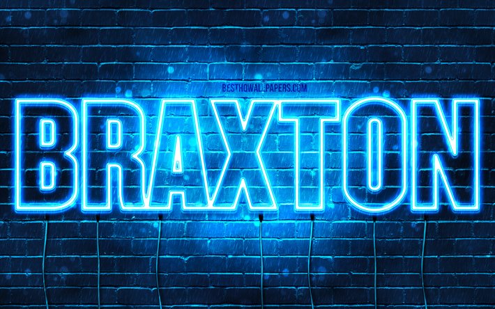 Braxton, 4k, pap&#233;is de parede com os nomes de, texto horizontal, Braxton nome, luzes de neon azuis, imagem com Braxton nome