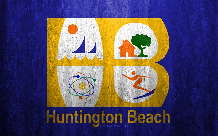 Amerikan şehirlerinin Huntington Beach, California, 4k bayrak, taş, arka plan, Amerikan şehir, grunge bayrak, Huntington Beach, ABD, Huntington Beach bayrak, grunge, sanat, taş doku, bayraklar