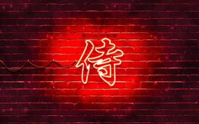 Samurai Kanji hieroglyph, 4k, neon japanese hieroglyphs, Kanji, Japanese Symbol for Samurai, red brickwall, Samurai Japanese character, red neon symbols, Samurai Japanese Symbol