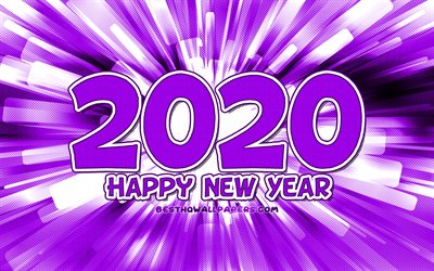 4k, gl&#252;ckliches neues jahr 2020, violett abstrakt-strahlen, 2020 violetten ziffern, 2020 konzepte, 2020 auf violettem hintergrund, 2020 jahr ziffern