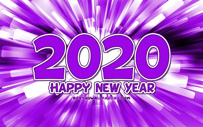 4k, Gott Nytt &#197;r 2020, violetta str&#229;lar sammanfattning, 2020 violett siffror, 2020 begrepp, 2020 p&#229; violett bakgrund, 2020 &#229;rs siffror