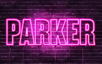 Parker, 4k, des fonds d&#39;&#233;cran avec des noms, des noms f&#233;minins, Parker nom, de violet, de n&#233;ons, le texte horizontal, image avec Parker nom
