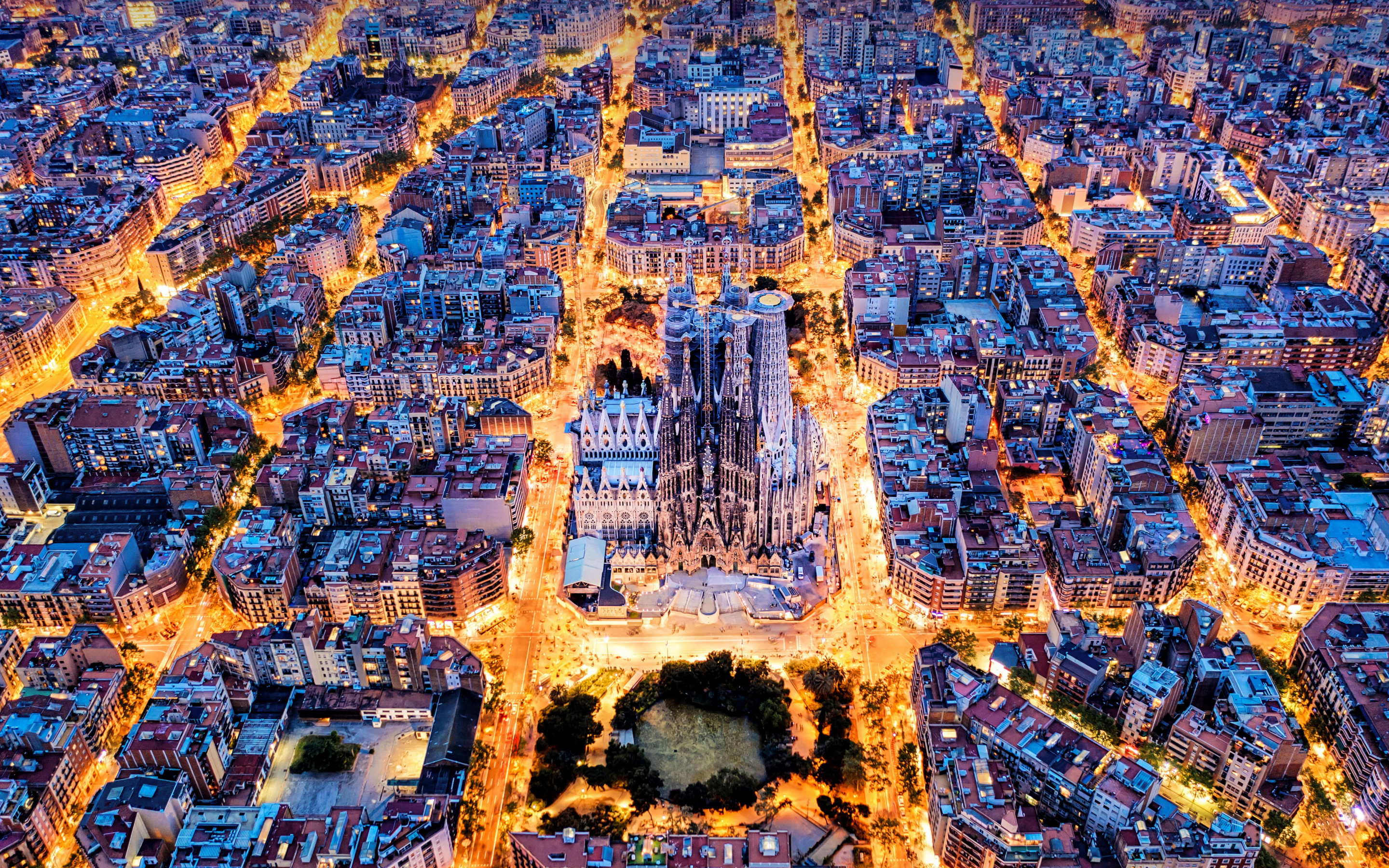 Download wallpapers Sagrada Familia, aerial view, evening, Barcelona, Roman Catholic basilica ...
