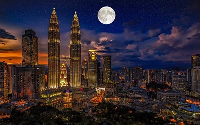 Petronas Twin Towers, 4k, lune, Kuala Lumpur, gratte-ciel, paysages nocturnes, Malaisie, Petronas Towers, Asie, Kuala Lumpur la nuit