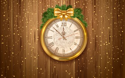 Midnight, Christmas, New Year, midnight on the clock, 2021 New Year, 2021 Clock Background, Happy New Year 2021, 2021 concepts, wood background