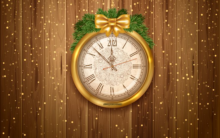 Medianoche, Navidad, A&#241;o Nuevo, medianoche en el reloj, 2021 A&#241;o Nuevo, 2021 Fondo reloj, Feliz A&#241;o Nuevo 2021, 2021 conceptos, fondo de madera