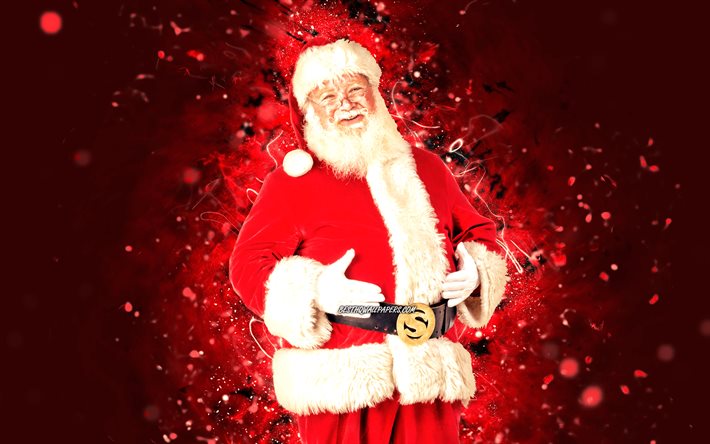 Santa Claus, 4K, red neon lights, new year characters, Merry Christmas, Happy New Year, christmas grandfather, Santa Claus 4K