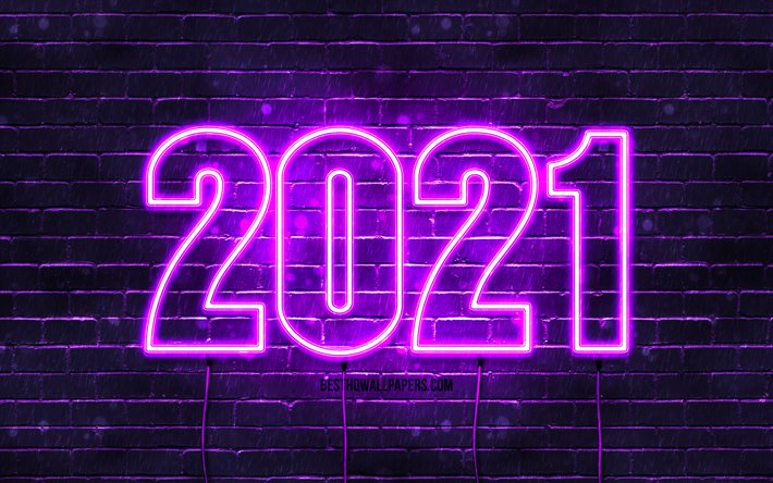 4k, happy new year 2021, violette ziegelwand, kunstwerk, 2021 violette neonziffern, 2021 konzepte, dr&#228;hte, 2021 neues jahr, 2021 auf violettem hintergrund, 2021 jahresziffern