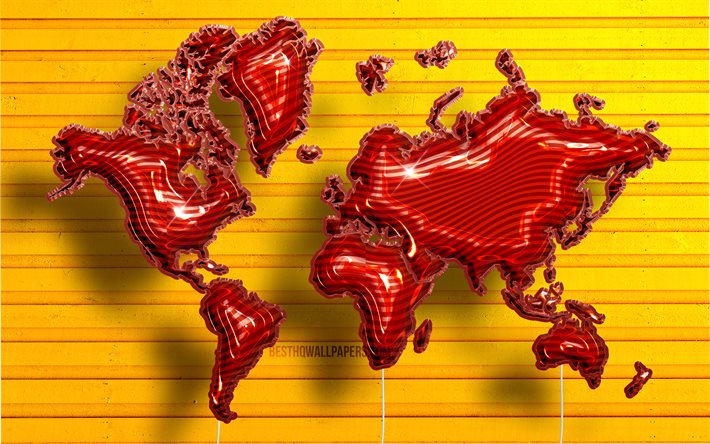 4k, carte du monde des ballons r&#233;alistes rouges, fond en bois jaune, cartes 3D, concept de carte du monde, cr&#233;atif, ballons rouges, carte du monde 3D, carte du monde rouge, carte du monde