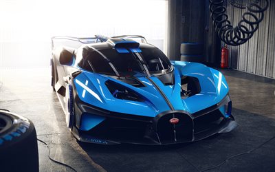 Bugatti Bolide Concept, 2020, 4k, vista frontal, exterior, supercarro azul, hipercarros de luxo, Bugatti