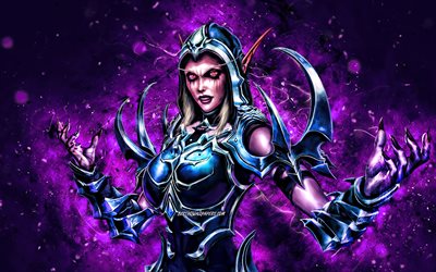 Sylvanas Windrunner, 4k, violet neon lights, World of Warcraft, warriors, WoW, monstr, World of Warcraft Shadowlands, Sylvanas Windrunner World of Warcraft