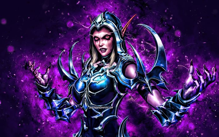 Sylvanas Windrunner, 4k, violett neonljus, World of Warcraft, krigare, WoW, monstr, World of Warcraft Shadowlands, Sylvanas Windrunner World of Warcraft