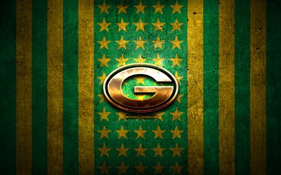 Green Bay Packers flag, NFL, green yellow metal background, american football team, Green Bay Packers logo, USA, american football, golden logo, Green Bay Packers