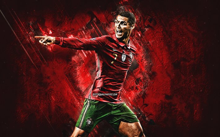 Cristiano Ronaldo, CR7, Portugal national football team, red stone background, football, Portugal