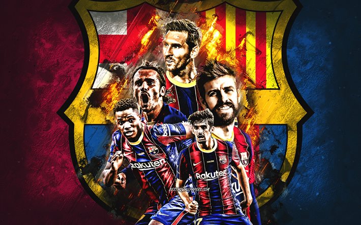 FC Barcelona, spanska fotbollsklubb, Katalonien, La Liga, FC Barcelona logotyp, sten bakgrund, Lionel Messi, Antoine Griezmann, Gerard Pique