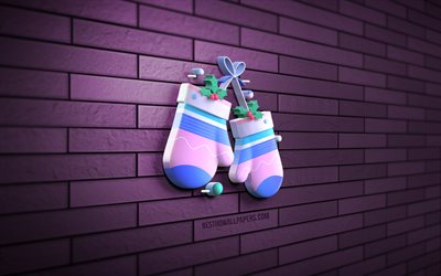 xmas mittens, 4K, violet brickwall, Christmas decorations, Cartoon mittens, Happy New Year, Merry Christmas, Mittens Icon, 3D art, 3D xmas mittens, xmas decorations, mittens