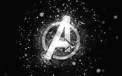 アベンジャーズ ホワイト ロゴ, 4k, 白いネオンライト, creative クリエイティブ, 黒の抽象的な背景, アベンジャーズのロゴ, スーパーヒーロー, アベンジャーズ。