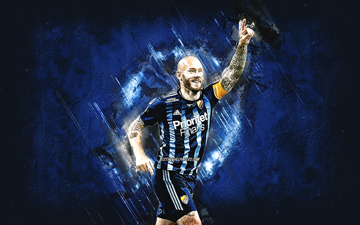 Magnus Eriksson, Djurgardens IF, ruotsalainen jalkapalloilija, sininen kivi tausta, jalkapallo, Ruotsi