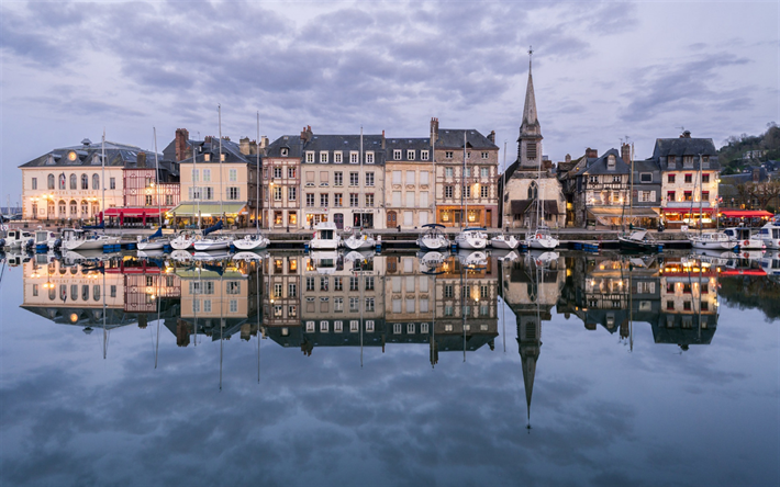 Honfleur, bay, evening, sunset, yachts, Honfleur cityscape, French cities, Normandy, France