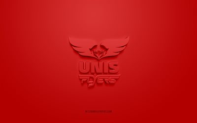 UNIS Flyers, creative 3D logo, red background, BeNe League, 3d emblem, Dutch hockey Club, Netherlands, 3d art, hockey, UNIS Flyers 3d logo