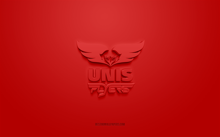 unis flyers, kreatives 3d-logo, roter hintergrund, bene league, 3d-emblem, niederl&#228;ndischer hockeyclub, niederlande, 3d-kunst, hockey, unis flyers 3d-logo