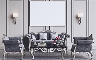 gray dining room, 4k, classic interior, stylish interior, gray and white interior design, retro interior, gray furniture, dining room