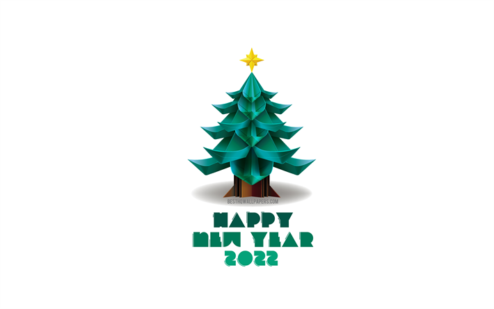 4k, 明けましておめでとうございます, 白背景, クリスマスの3Dツリー, 2022年正月, グリーティングカード, クリスマスツリー, クリスマスツリーと2022年の背景